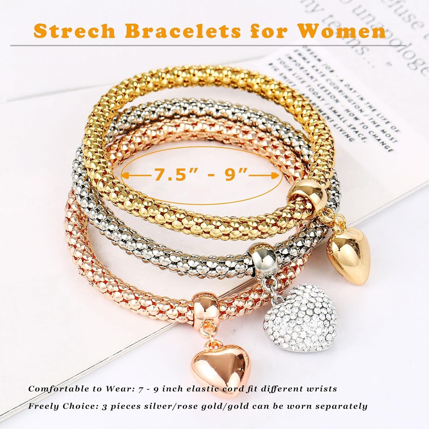 Stretch Bracelets for Women Gold/Silver/Rose Gold Elastic Bracelet Set for Women 3 PCS Stackable Bracelets Multilayer Charm Bracelet Christmas Gifts for Women