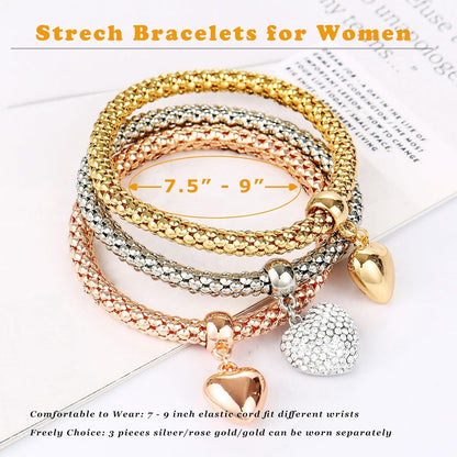 Stretch Bracelets for Women Gold/Silver/Rose Gold Elastic Bracelet Set for Women 3 PCS Stackable Bracelets Multilayer Charm Bracelet Christmas Gifts for Women