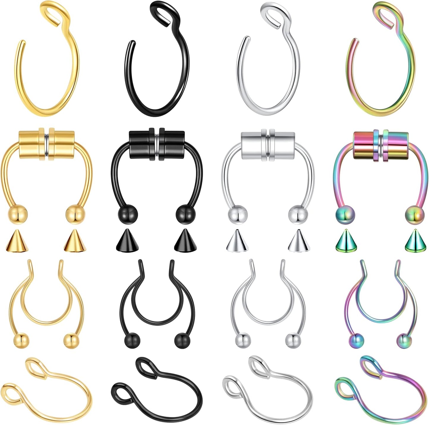 1-16Pcs 16G 18G 20G 22G Nose Rings Hoops Nose Piercings Fake Nose Ring Fake Septum Nose Ring Fake Lip Rings Fake Septum Piercing Fake Nose Piercing Fake Nose Hoop Faux Nose Rings Clip on Nose Cuffs Nose Piercing Jewelry Nose Rings for Women Men Nose Hoops