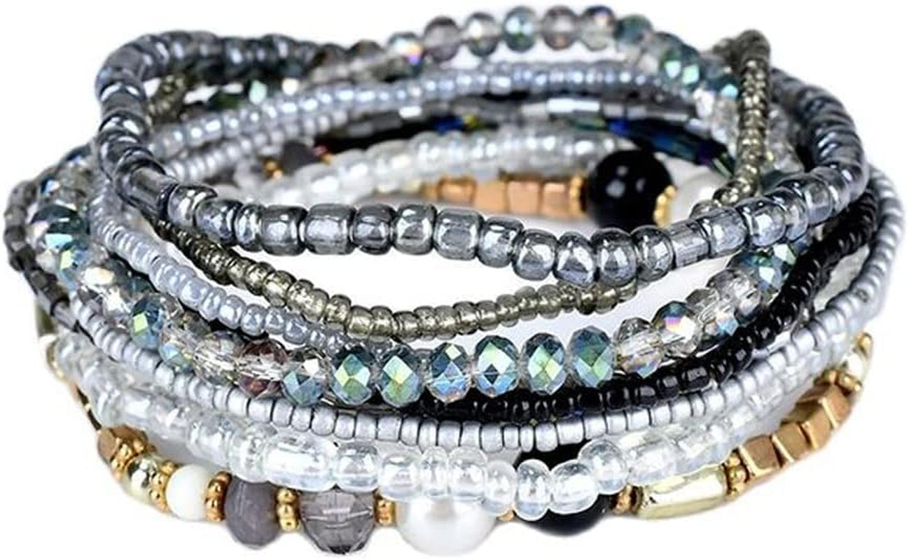 Pingyongchang Bohemian Stackable Bead Bracelets for Women Multilayer Stretch Bangles Bracelet Set Handmade Multicolor Crystal Beaded Bracelets Set Boho Charms Jewelry