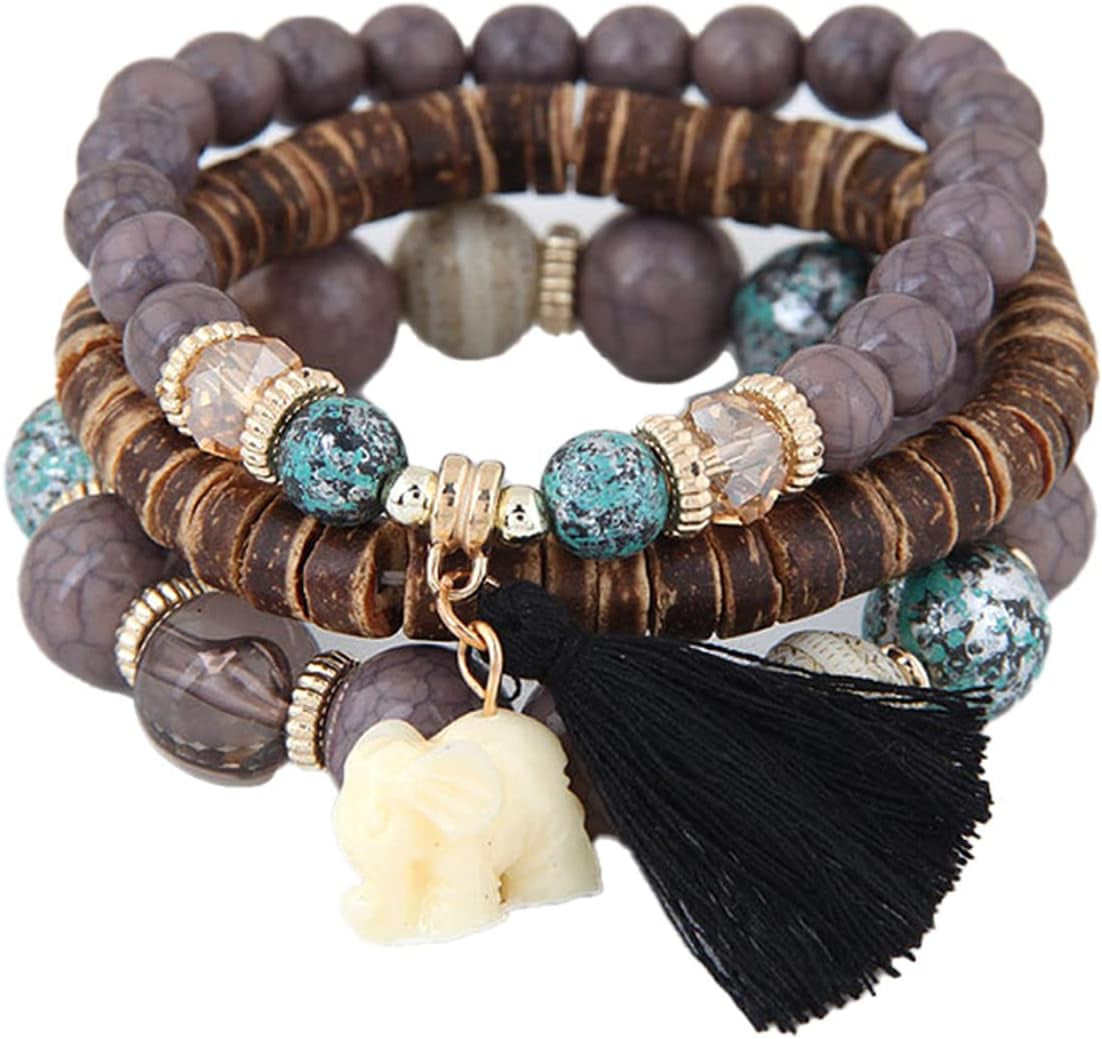 Caiyao Bohemian Stackable Wood Wooden Beads Elephant Charm Tassel Stretchy Bracelet Set for Women Men Multilayered Multicolor Acrylic Resin Seeds Bracelet Ethnic Jewelry Gift