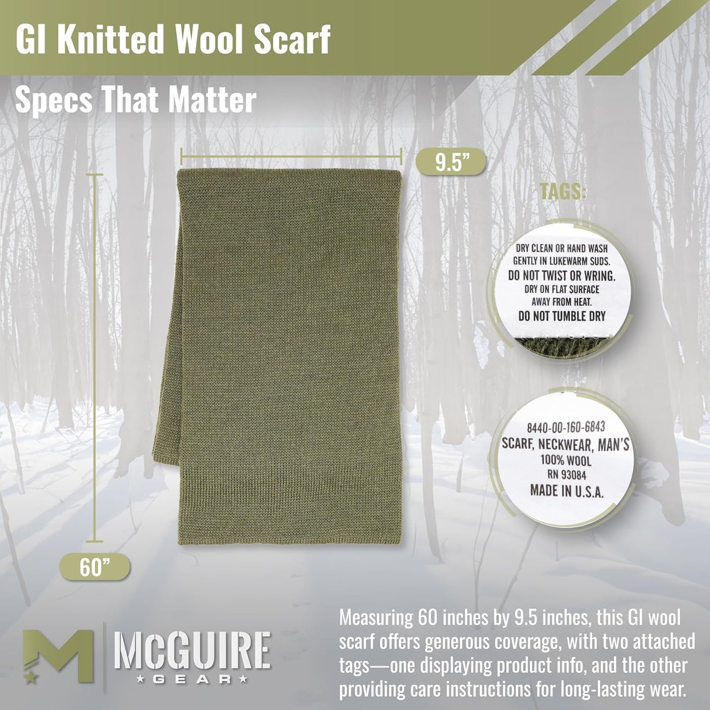 M MCGUIRE GEAR Genuine US Army Military GI 100% Wool Warm Winter Scarf, Made in USA