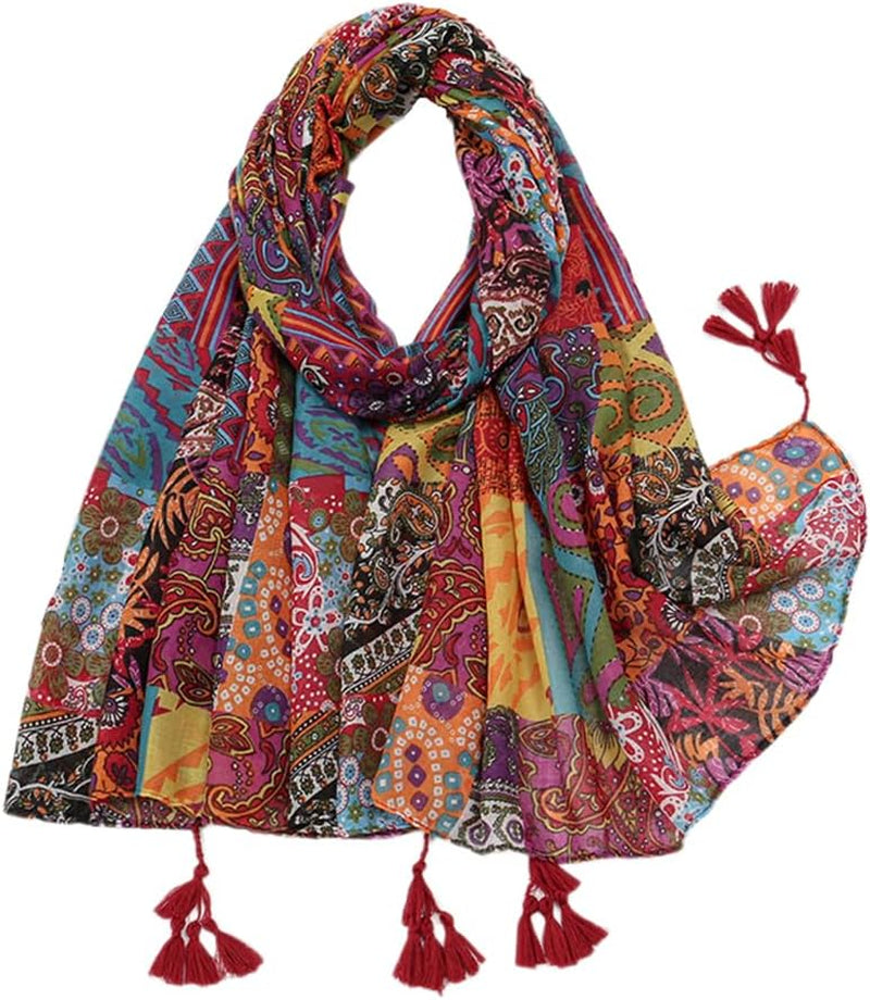 Yeieeo Boho Scarf for Women Lightweight Floral Printed Scarf Fall Winter Fashion Fringed Shawl