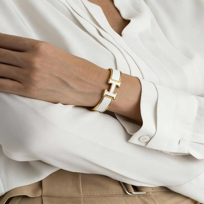 Elegant Two-Tone Cuff Bracelet, White and Rose Gold Plated Metal, Modern Geometric Design, Fashion Bangle Jewelry