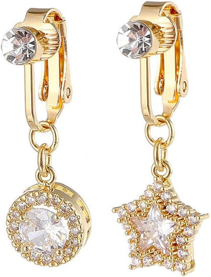 2Pcs CZ round Star Fake Belly Button Rings for Women Surgical Steel Clip on Non-Piercing Fake Navel Rings Sparkling Crystal Fake Belly Jewelry