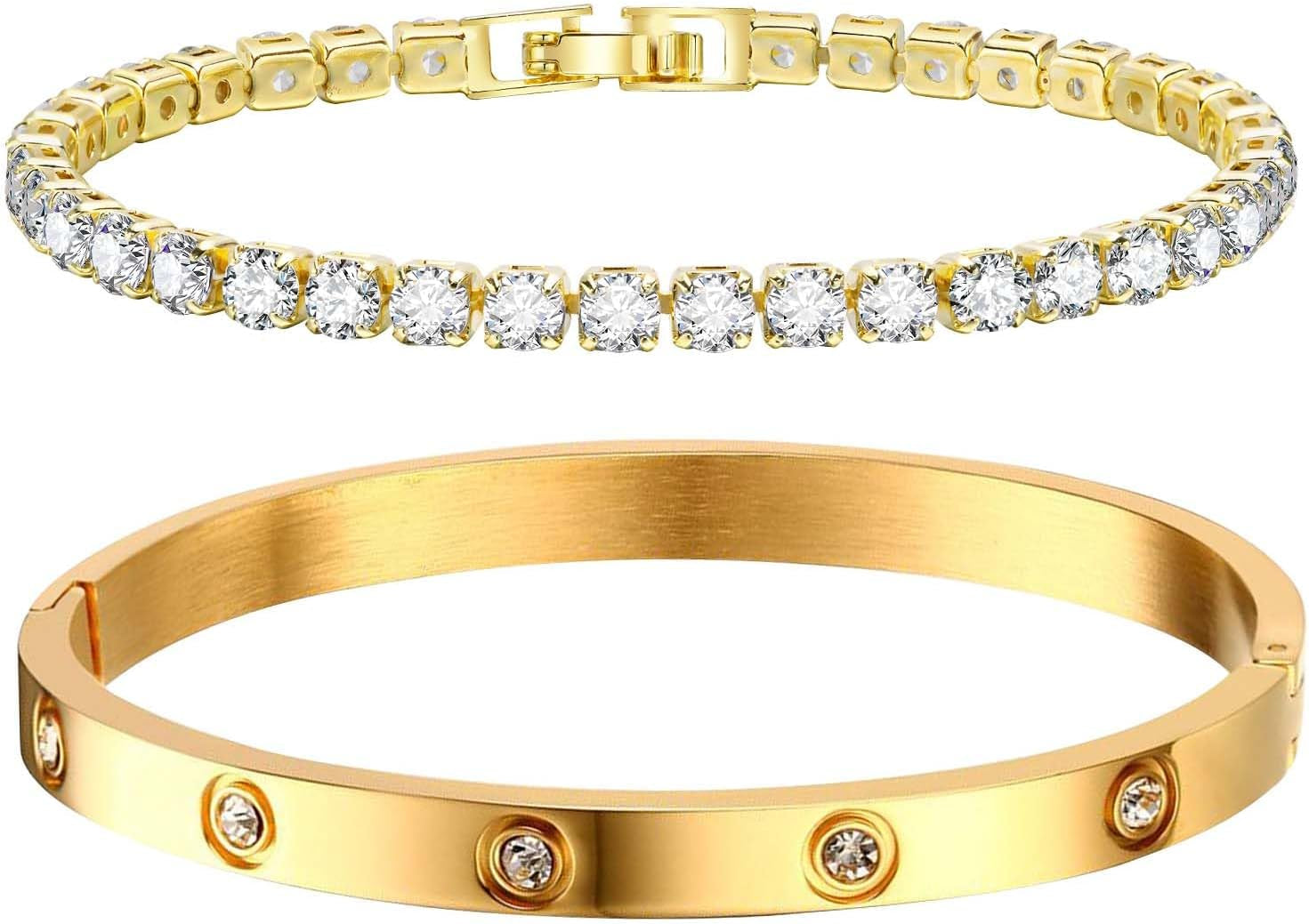 MPRAINBOW Gold Bracelets for Women, 2Pcs 18K Gold Plated Cubic Zirconia Bangle Crystal Friendship Bracelet Jewelry,Wedding Party Christmas Birthday Gifts for Her Girlfriend Sister Daughter