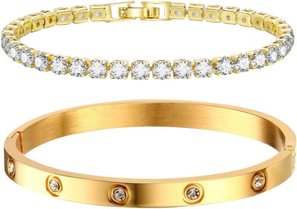 MPRAINBOW Gold Bracelets for Women, 2Pcs 18K Gold Plated Cubic Zirconia Bangle Crystal Friendship Bracelet Jewelry,Wedding Party Christmas Birthday Gifts for Her Girlfriend Sister Daughter