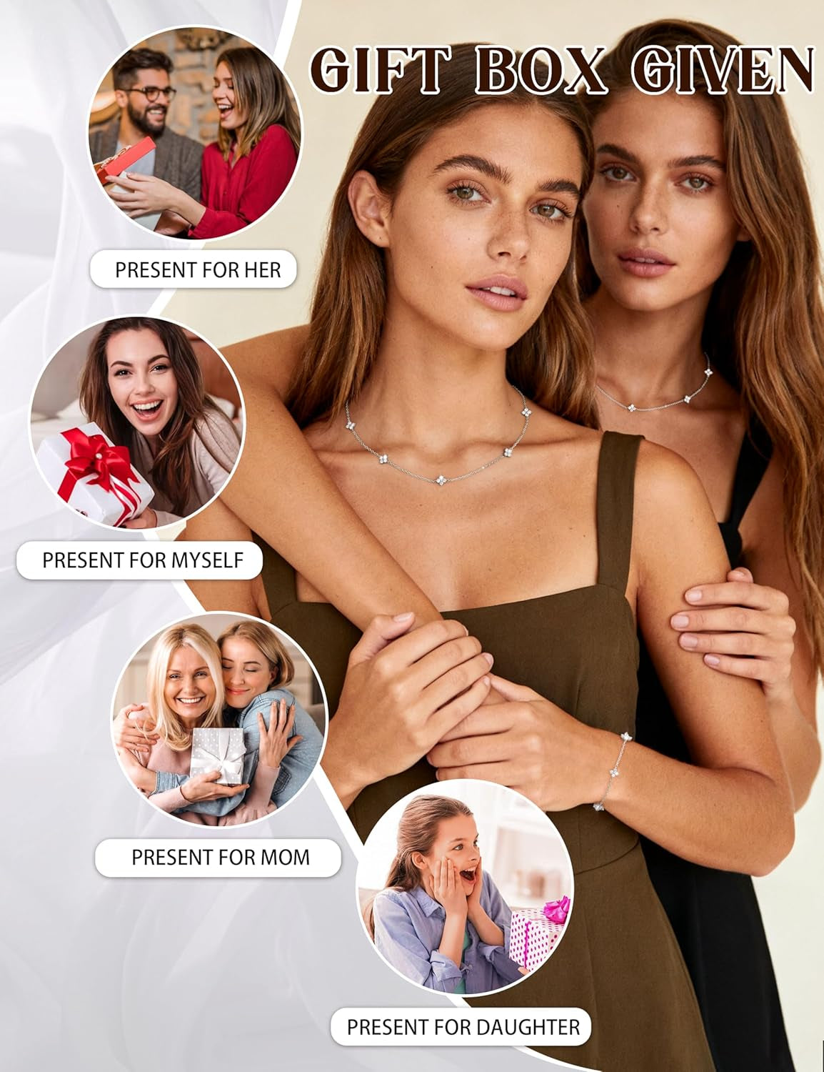 ORAZIO Dainty Silver Gold Jewelry Set for Women Trendy 14K Gold Plated CZ Flowers Pendant Choker Necklaces for Women Stud Earrings Clover Link Bracelets Stack Jewelry Gifts for Wedding Prom Brides