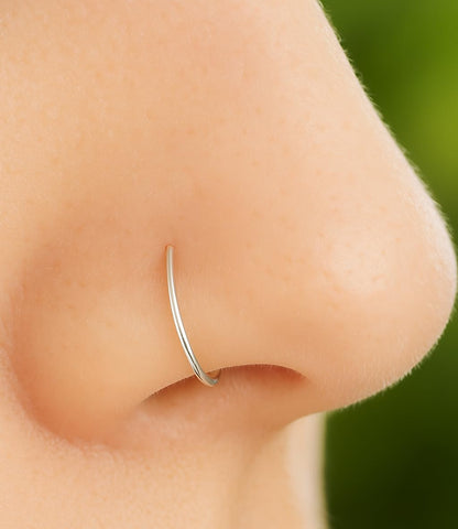 Silver Fake Nose Ring - Tiny Thin 24 Gauge 7Mm Faux Nose Piercing for Women- 925 Sterling Silver Clip on Nose Hoop - Handmade Fake Nose Rings - No Piercing Needed - Gift Ready