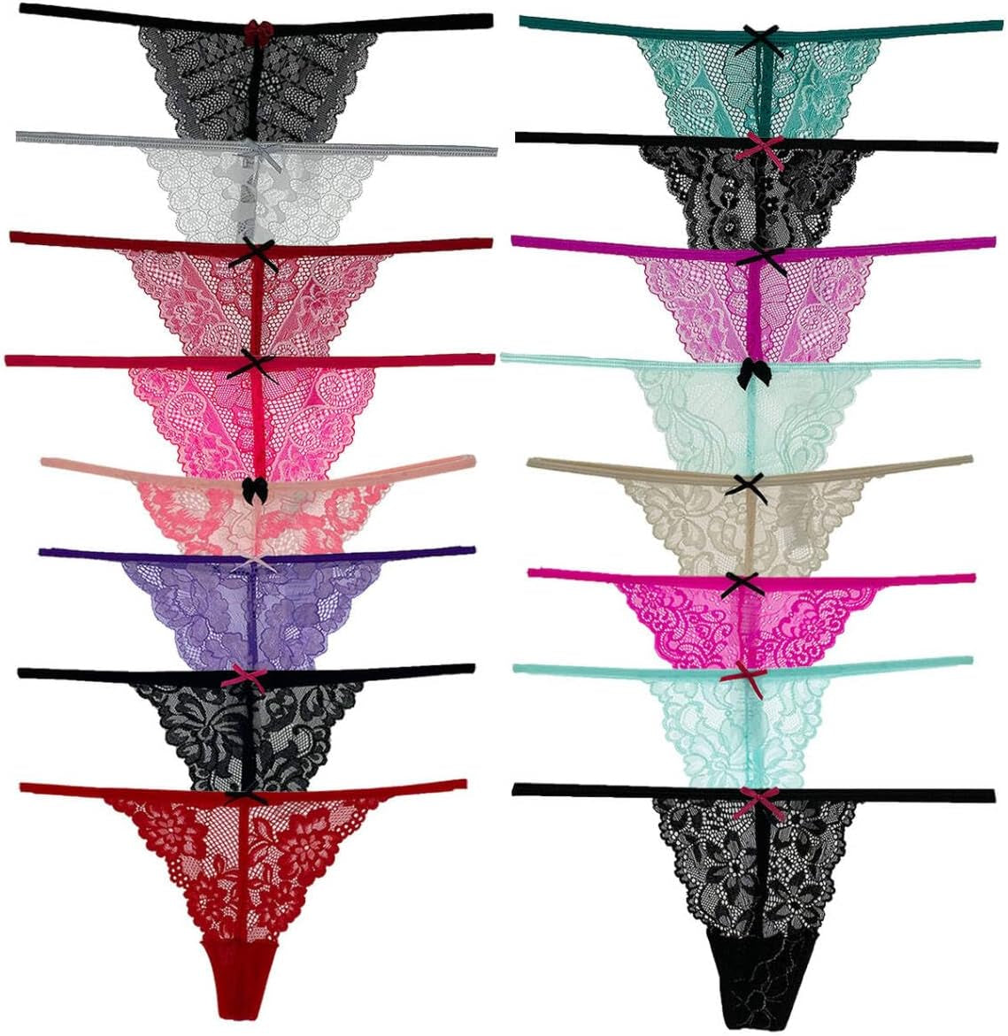Pack of 6 assorted lacy g-string thongs in multiple colors and patterns