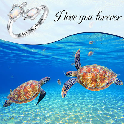 925-Sterling-Silver Opal/Turquoise Sea Turtle/Dolphin/Sea Life Ring - Inspirational I Love You Forever Adjustable Open Nature Ocean Mother Daughter Ring Cute Animal Jewelry Gifts for Women