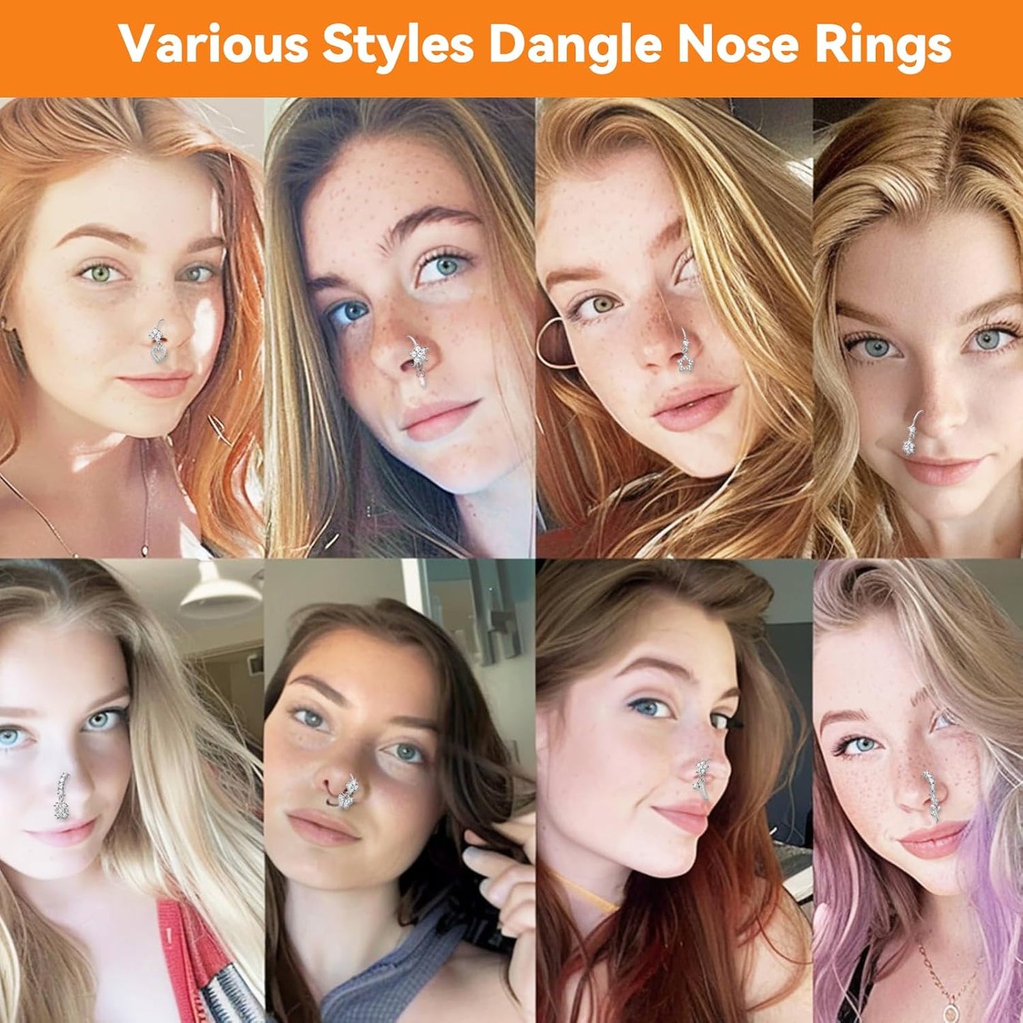 Multiple gold nose ring designs and styles