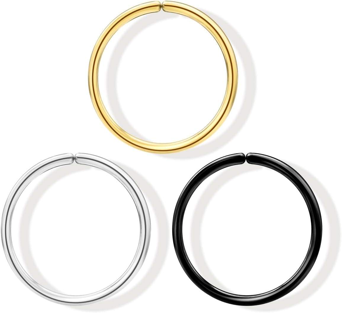 LUCKYJEWUS 14K Gold Nose Rings Hoops for Women 22 Gauge, Small Thin Nose Piercing Jewelry, 3Pcs 8Mm 22G