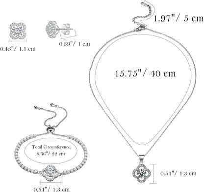 Emibele Lucky Clover Bracelet Necklace Earrings Jewelry Set for Women, Classic 4-Leaf White Gold Plated Bracelet Cubic Zirconia Studs Earrings Good Luck Pendant Necklace Mother’S Day Jewelry Gifts
