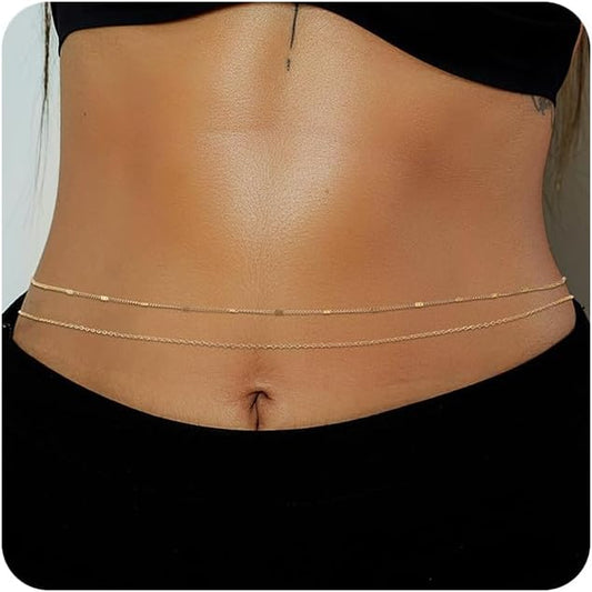 1PCS/2PCS Gold Waist Chain for Women - Adjustable Belly Chain Jewelry Accessories for Sexy Bikini, Waterproof Layered Summer Body Belt Chains for Beach, Party, 26.7"+9.8" Extender