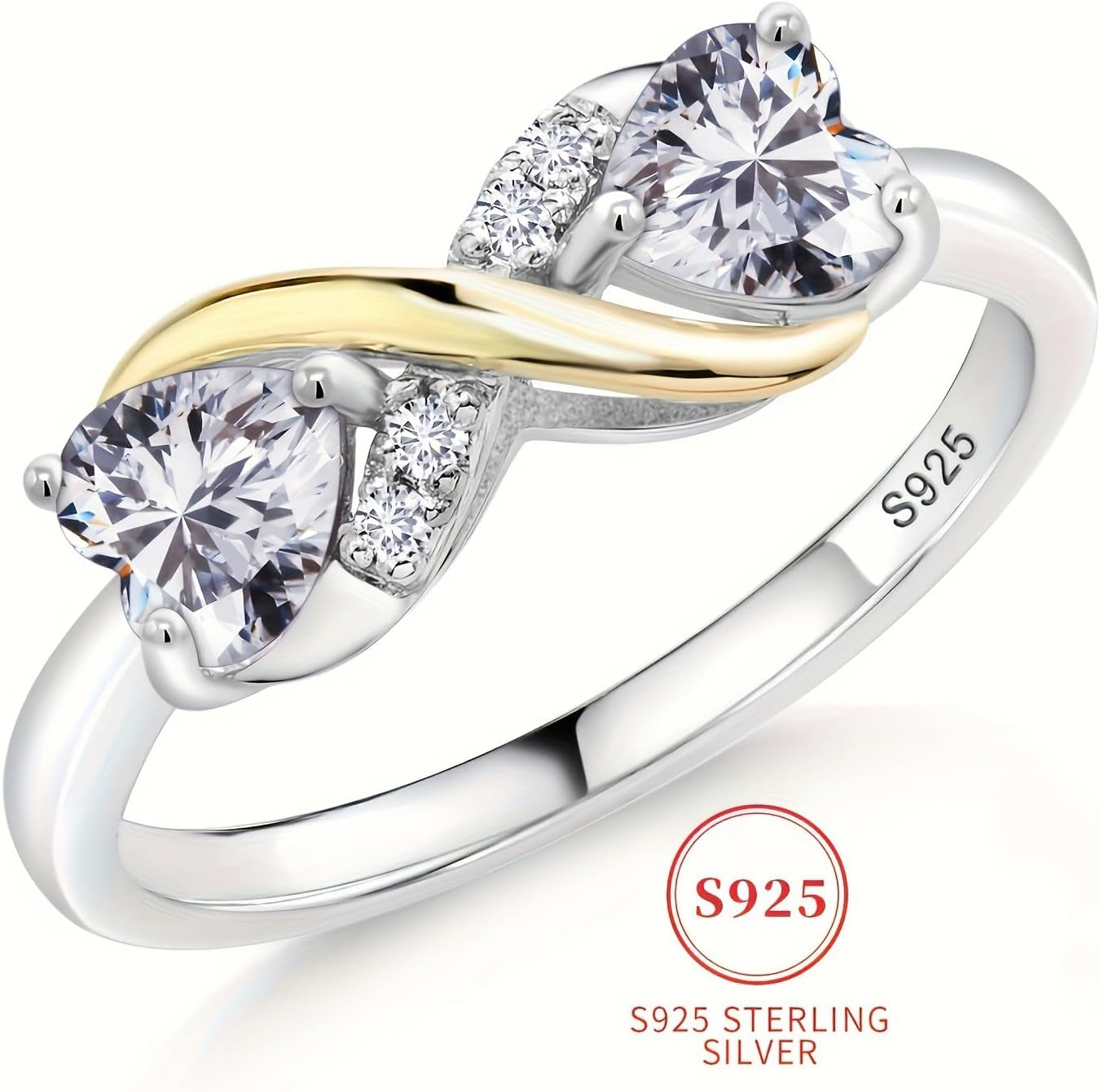 Mother and Daughter Infinity Love Ring, Two-Tone Heart-Shaped Zirconia Stone, S925 Sterling Silver, Diamond Accent