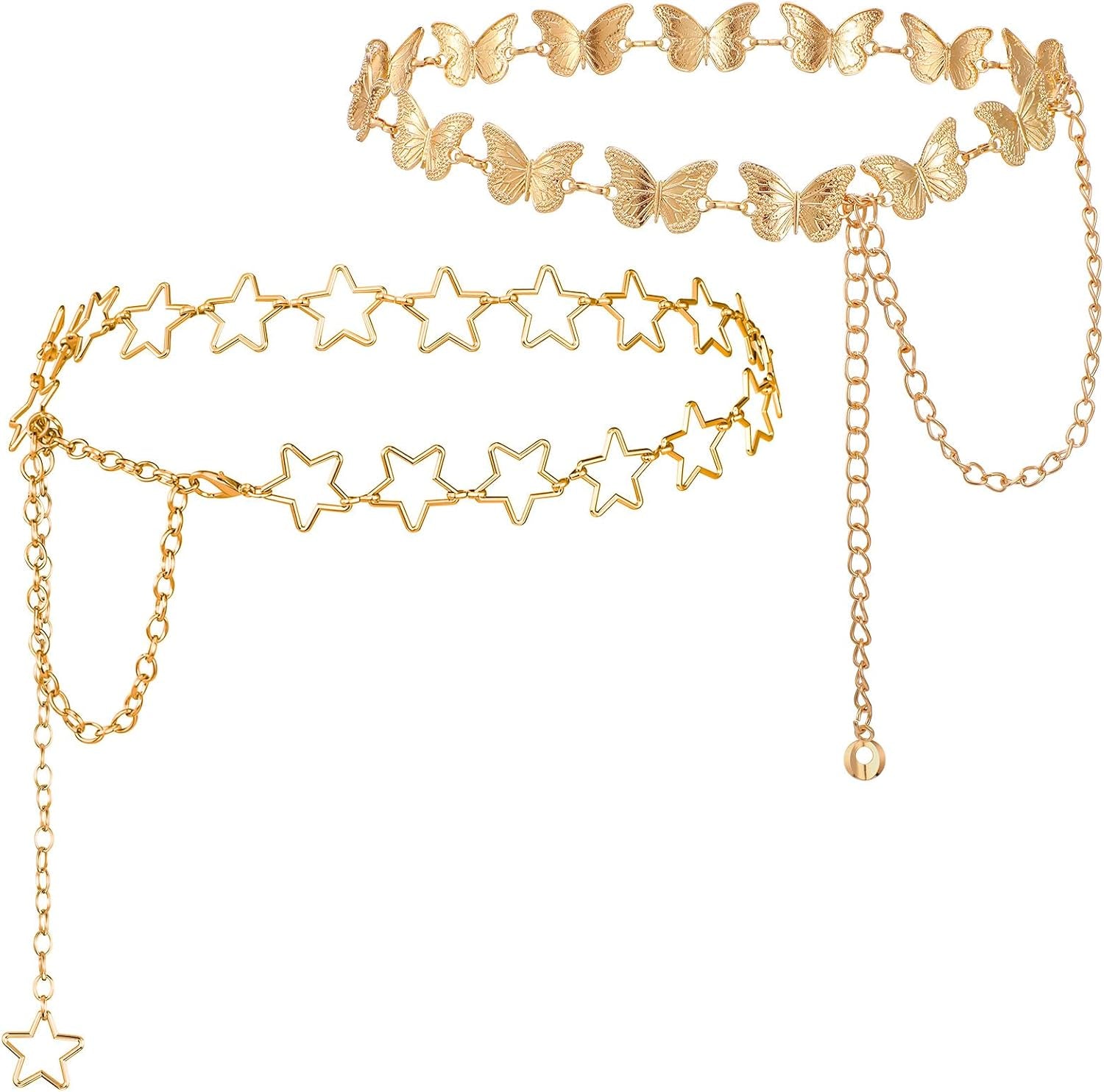 2 Pcs Star Chain Belt for Women, Adjustable Y2K Metal Waist Belt - Punk Body Belt for Dresses, Jeans & Rave