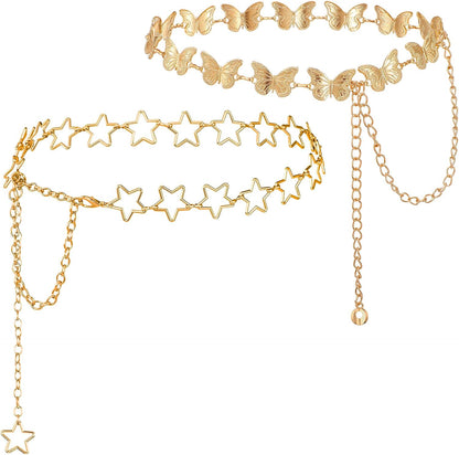 2 Pcs Star Chain Belt for Women, Adjustable Y2K Metal Waist Belt - Punk Body Belt for Dresses, Jeans & Rave