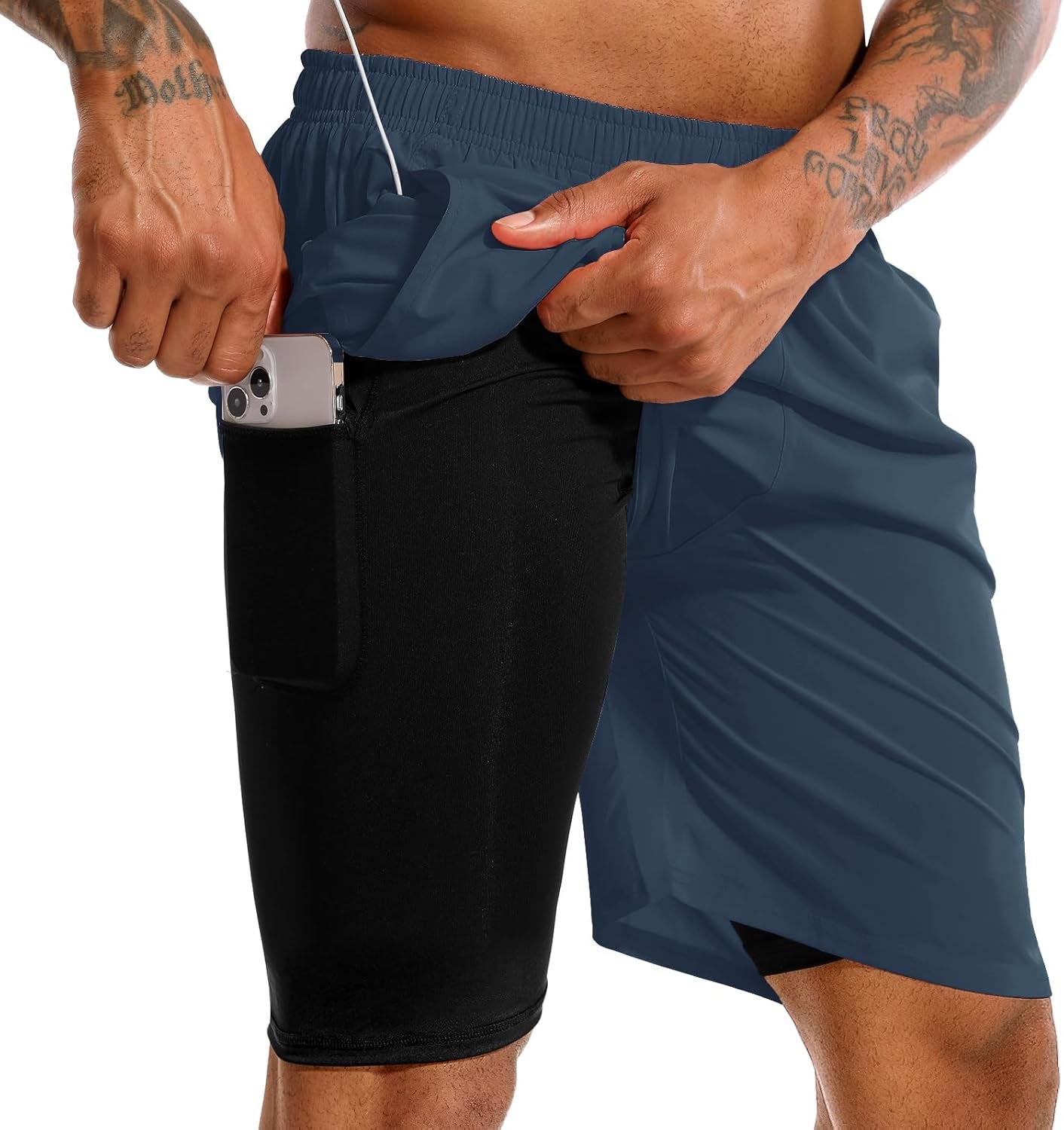 TENJOY Men'S 2 in 1 Running Shorts 5 in or 7 in Quick Dry Gym Athletic Workout Shorts for Men with Phone Pockets