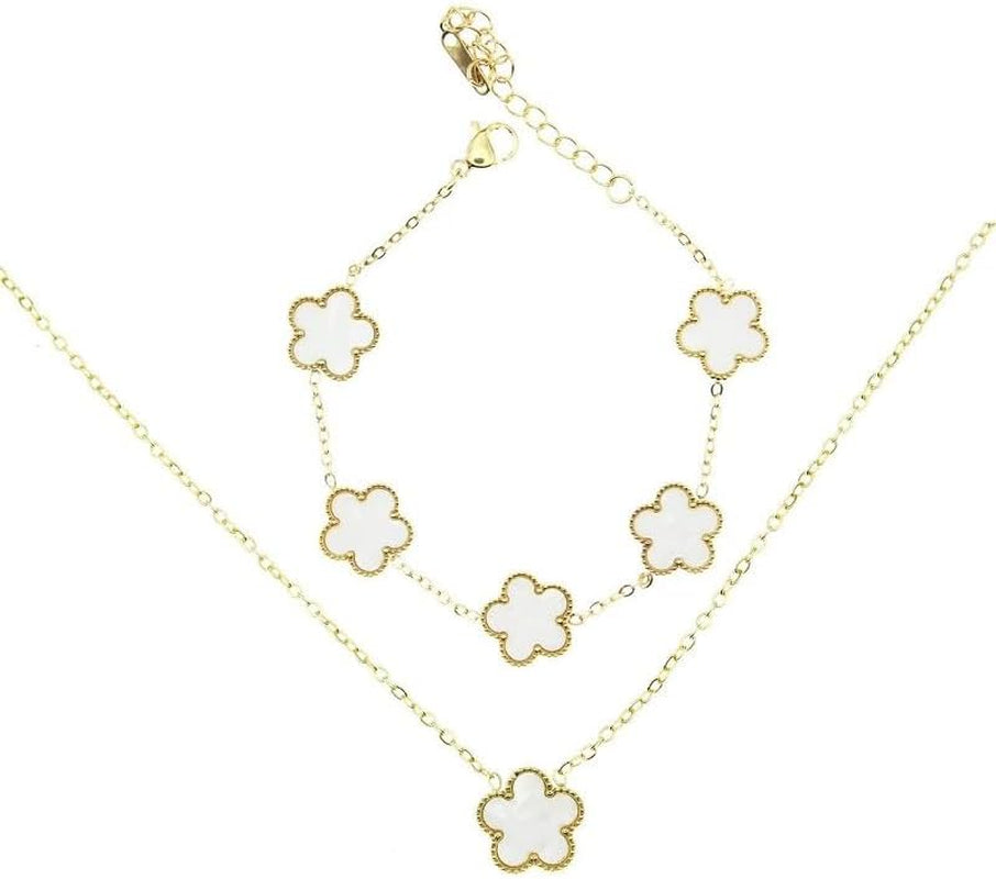 Clover Necklace and Bracelet Set for Women, 14K Gold Plated Green Clover Flower Pendant Chain, Adjustable Length, Elegant and Dainty, Perfect for Gifts, Parties, Dating, or Daily Wear.