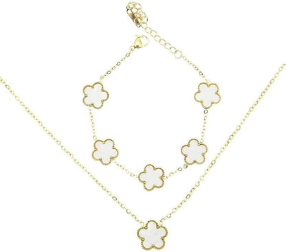 Clover Necklace and Bracelet Set for Women, 14K Gold Plated Green Clover Flower Pendant Chain, Adjustable Length, Elegant and Dainty, Perfect for Gifts, Parties, Dating, or Daily Wear.