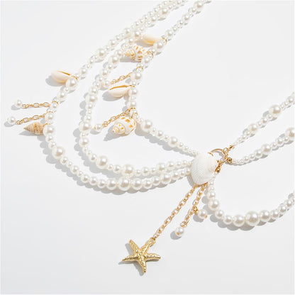 Summer Beach Shell Conch Pendant Waist Chain Belt Festival Rave Pearl Waist Body Chain Multi-Layered Pearl Belly Chain Jewelry Outfit Dress Body Jewelry for Women