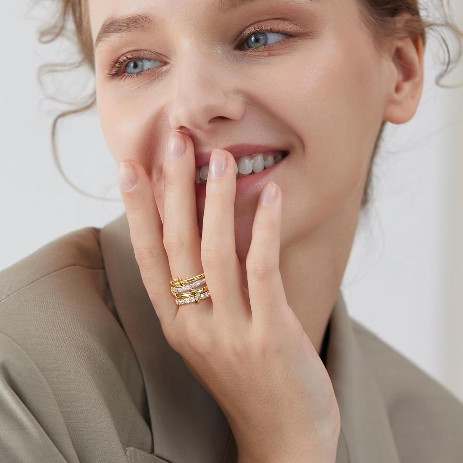 Gold Stackable Rings for Women Non Tarnish, 18K Gold Plated CZ Cubic Zirconia Rings, Golden Rings Set, Multi-Link Connected Rings