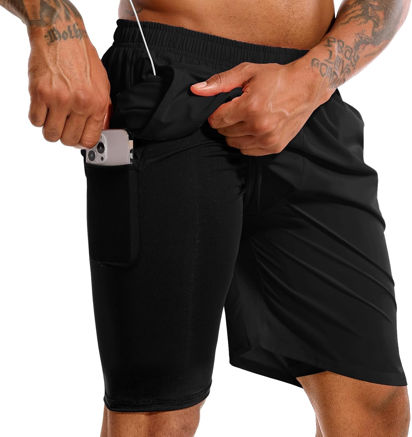 TENJOY men's black 2-in-1 running shorts front view with phone pockets
