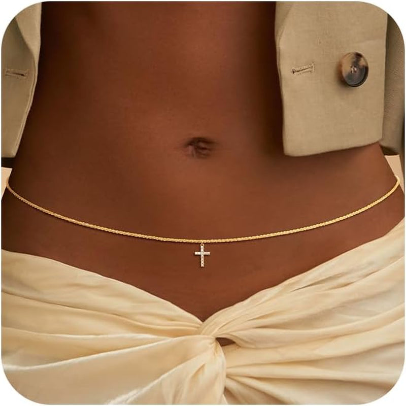CHESKY Gold Waist Chain, Dainty Body Chain Jewelry for Women Non Tarnish Adjustable Waterproof Belly Chain Sexy Waist Beads for Womens Chain Belt Bow Heart Cross Gold Fall Jewelry for Women