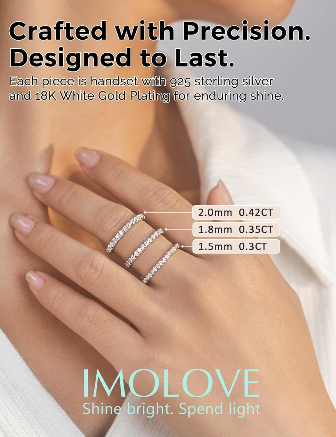IMOLOVE Lab Grown Diamond Wedding Bands, 0.3-0.42 Carat, Eternity Rings in 18K White Gold & Sterling Silver Size 4-11