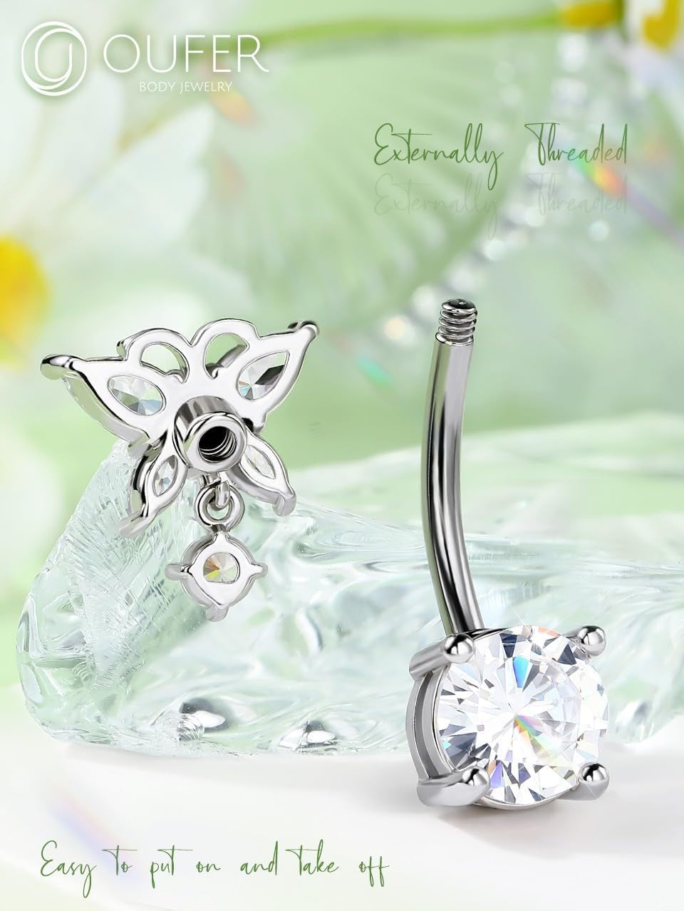 OUFER Belly Button Rings, Butterfly Belly Rings, 316L Surgical Steel Navel Rings, Clear CZ Belly Piercing Jewelry, Dangle Belly Rings for Women Men