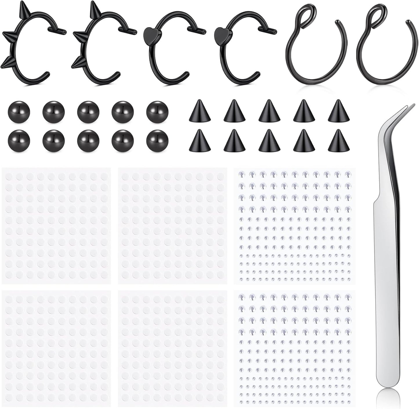 Longita Fake Lip Ring and Nose Piercing Set - Ball Spike, Hoop, Stud, Stick-On Bridge and Eyebrow Ring - Silver, Gold, Black