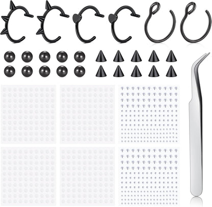 Longita Fake Lip Ring and Nose Piercing Set - Ball Spike, Hoop, Stud, Stick-On Bridge and Eyebrow Ring - Silver, Gold, Black