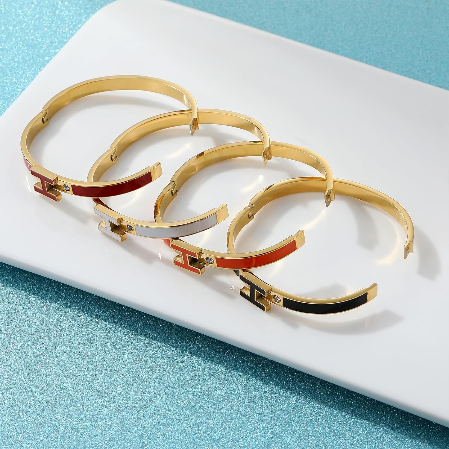 H Bracelet for Women - 18K Gold Plated Titanium Steel Cuff | Cubic Zirconia Bangle Jewelry Gift, Simple & Durable Everyday Wear (S/M/L Size)