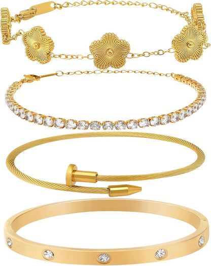 4PCS Women'S Stackable Floral Bracelets Set, 18K Gold Plated Clover & Tennis & Nail & Love Bangle Bracelets,Adjustable Trendy Jewelry, Gifts for Mother'S Day, Birthday Gifts for Girlfriend