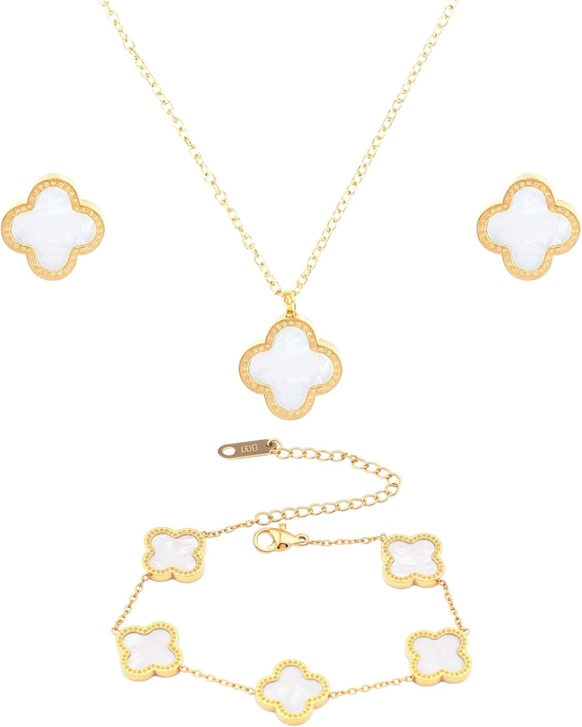 18K Gold Four Leaf Bracelets for Women, Necklace Pendant, Earrings,White Link Bracelet Exquisite Clover Jewelry Sets for Women Gift Christmas