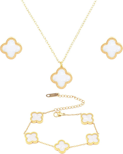 18K Gold Four Leaf Bracelets for Women, Necklace Pendant, Earrings,White Link Bracelet Exquisite Clover Jewelry Sets for Women Gift Christmas