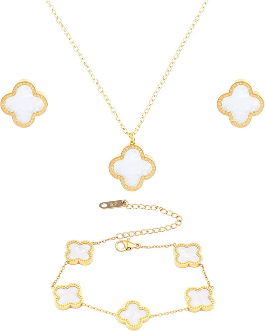 18K Gold Four Leaf Bracelets for Women, Necklace Pendant, Earrings,White Link Bracelet Exquisite Clover Jewelry Sets for Women Gift Christmas
