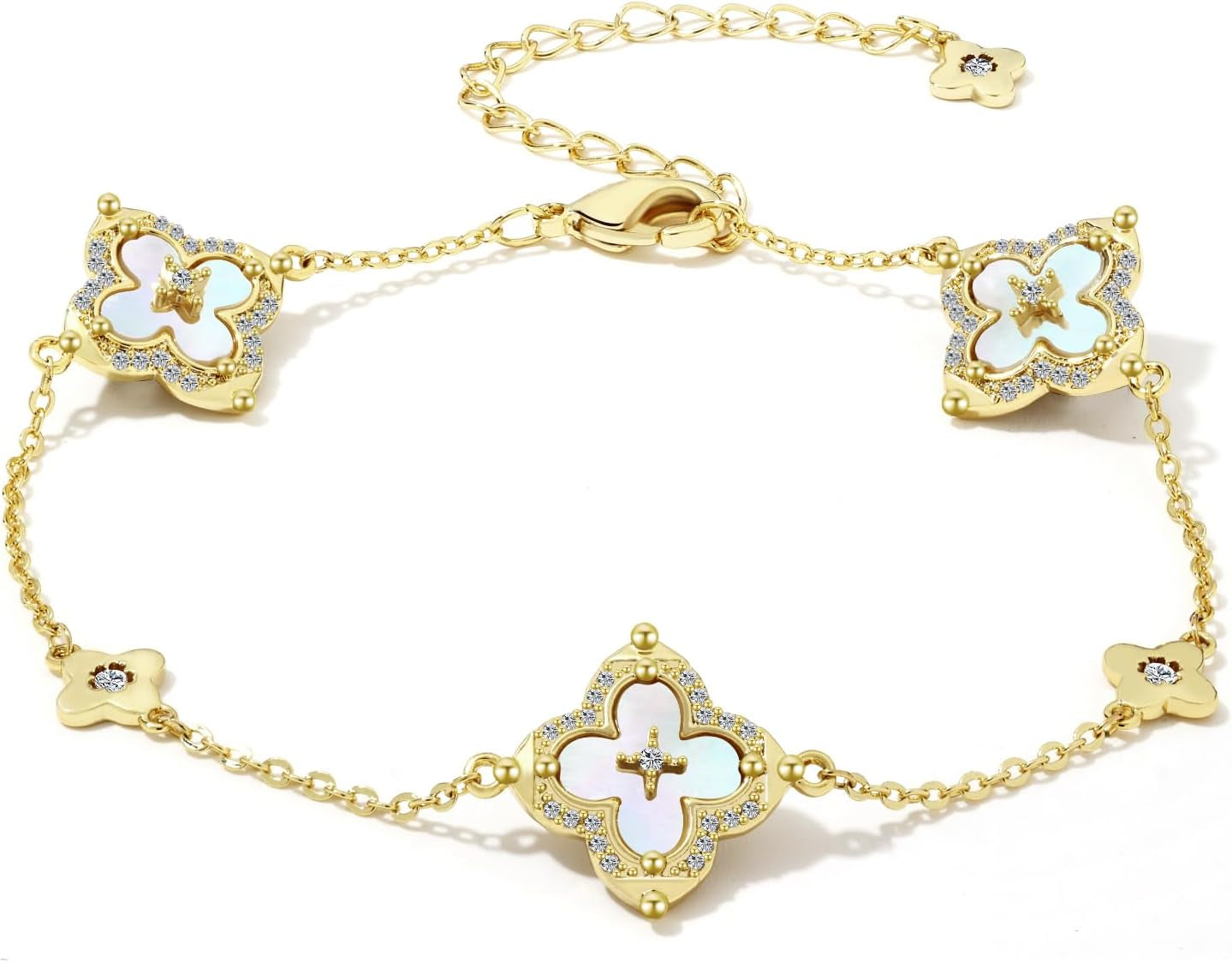 FEEL STYLE Clover Bracelet for Women - 14K Gold/Silver Plated Charm Bracelet with Mother of Pearl & Cubic Zirconia - Lucky Four Leaf Jewelry Gift Adjustable 6.5"+2" Extender