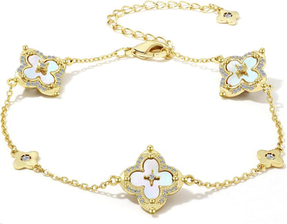 FEEL STYLE Clover Bracelet for Women - 14K Gold/Silver Plated Charm Bracelet with Mother of Pearl & Cubic Zirconia - Lucky Four Leaf Jewelry Gift Adjustable 6.5"+2" Extender