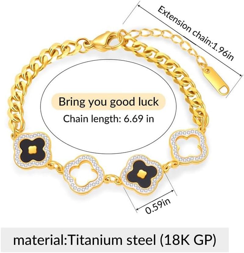 Four Leaf Clover Bracelets for Women, 18K Gold Plated Clover Jewelry Set-Tone with Green Enamel Clover Charms, Crystal Accents, Elegant Gift for Women Packed in a Packaging Box (Black)
