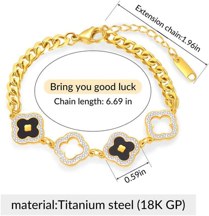 Four Leaf Clover Bracelets for Women, 18K Gold Plated Clover Jewelry Set-Tone with Green Enamel Clover Charms, Crystal Accents, Elegant Gift for Women Packed in a Packaging Box (Black)