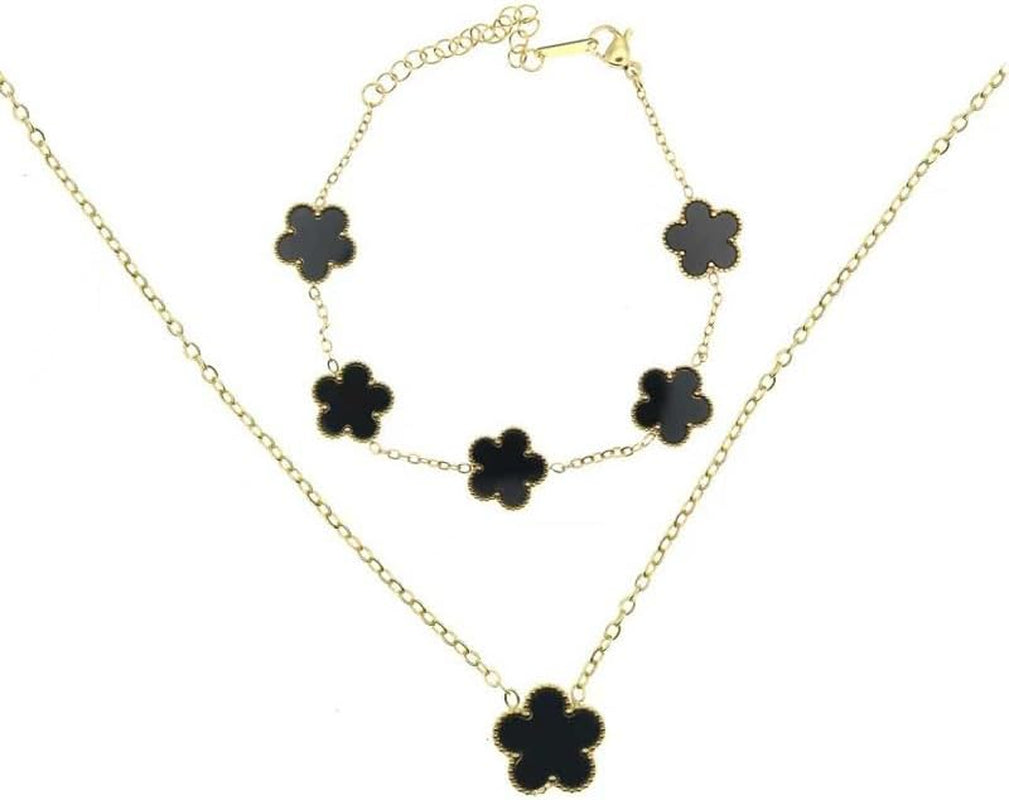 Clover Necklace and Bracelet Set for Women, 14K Gold Plated Green Clover Flower Pendant Chain, Adjustable Length, Elegant and Dainty, Perfect for Gifts, Parties, Dating, or Daily Wear.