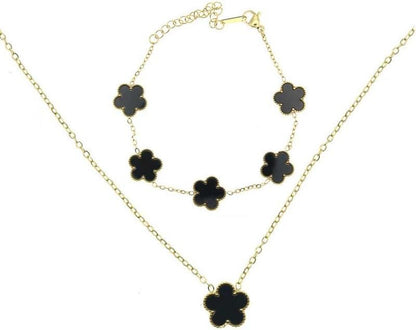 Clover Necklace and Bracelet Set for Women, 14K Gold Plated Green Clover Flower Pendant Chain, Adjustable Length, Elegant and Dainty, Perfect for Gifts, Parties, Dating, or Daily Wear.
