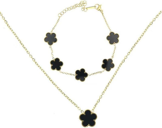 Clover Necklace and Bracelet Set for Women, 14K Gold Plated Green Clover Flower Pendant Chain, Adjustable Length, Elegant and Dainty, Perfect for Gifts, Parties, Dating, or Daily Wear.