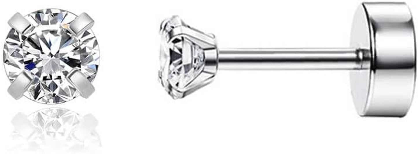 Small CZ Cartilage Earrings,Screw Flat Back Cubic Zirconia Stud Earrings Helix Earrings for Women Men,2Mm CZ 3Mm CZ 4Mm Cz,Silver Color