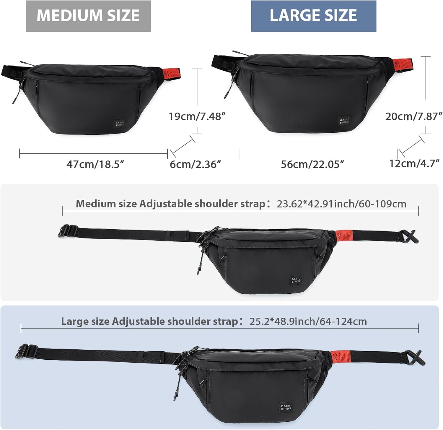 Five zippered pockets displayed on large crossbody fanny pack