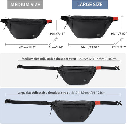 Five zippered pockets displayed on large crossbody fanny pack