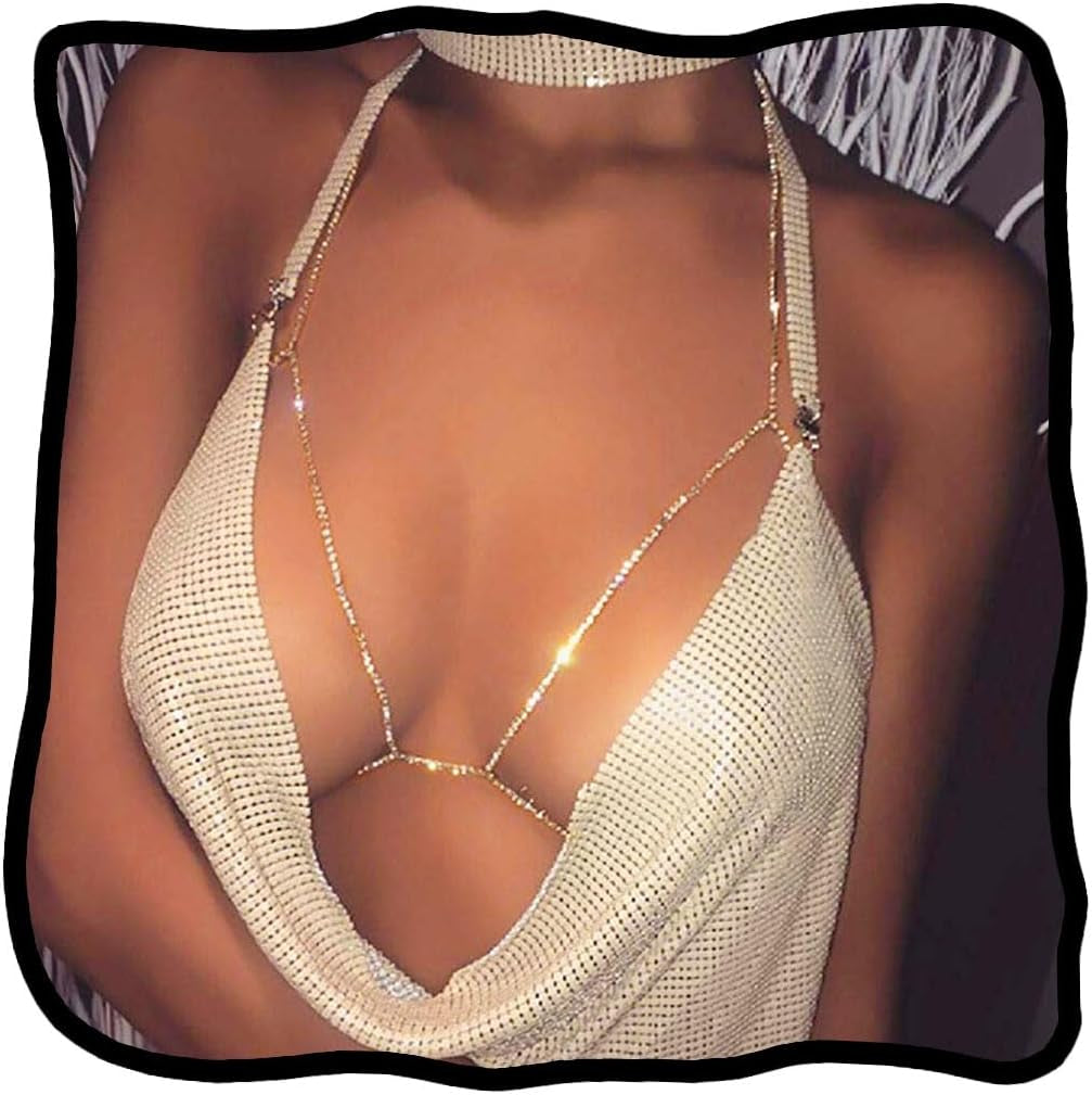 Woeoe Rhinestone Chain Bra Crystal Body Chains for Women Necklace Sexy Bikini Nightclub Body Chain Jewelry
