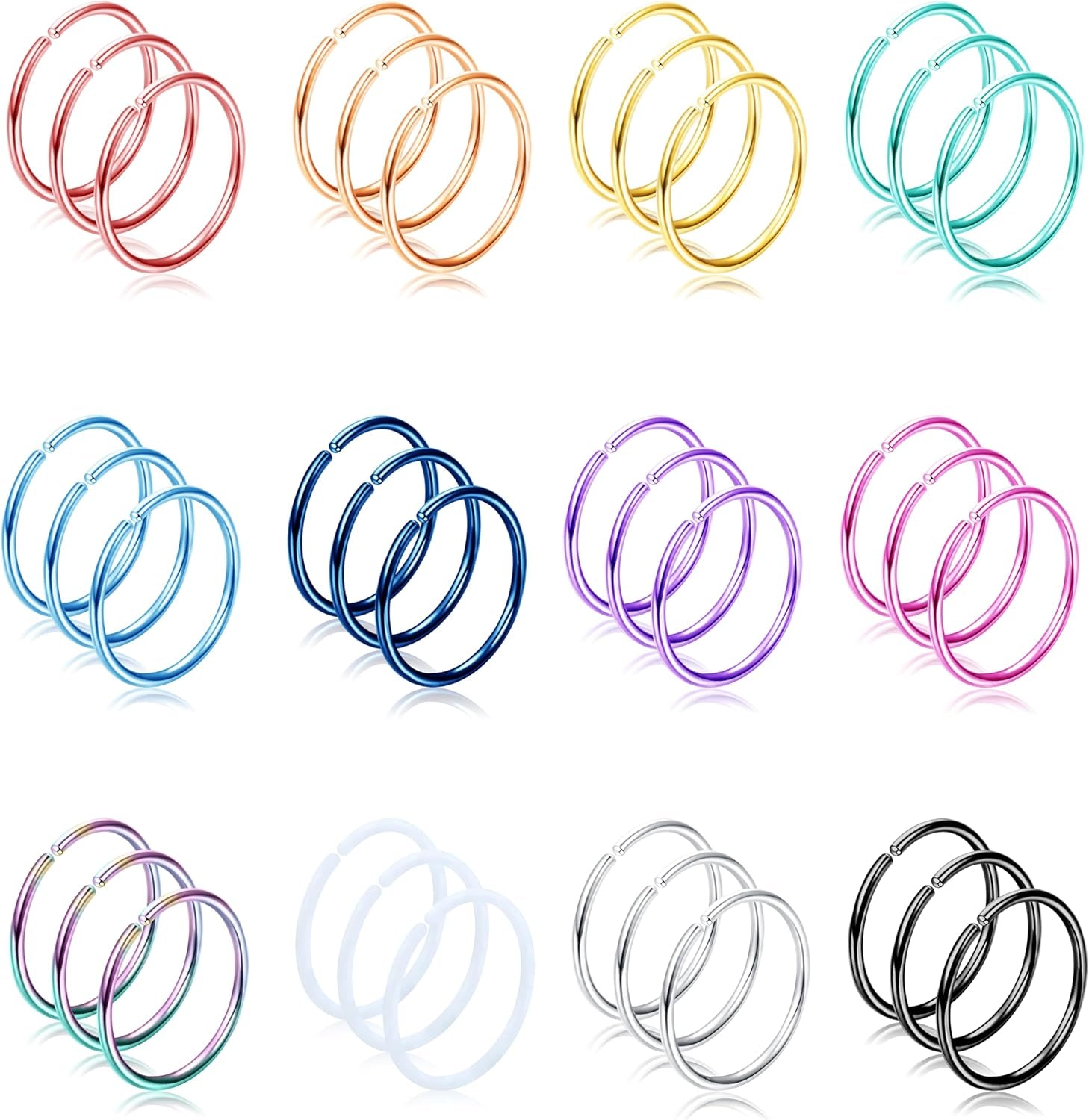 Drperfect 36Pcs 20G Nose Ring Hoop for Women Men 316L Stainless Steel Helix Tragus Lip Septum Ring Cartilage Earring Hoop Piercing Jewelry